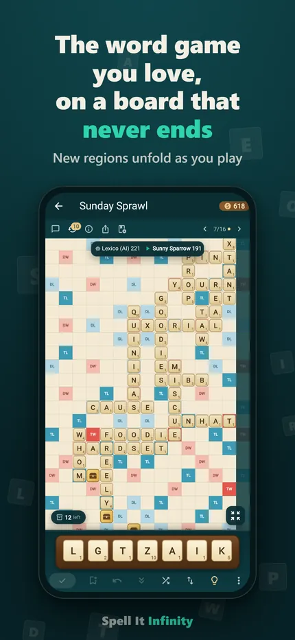 A growing board of played words on a phone